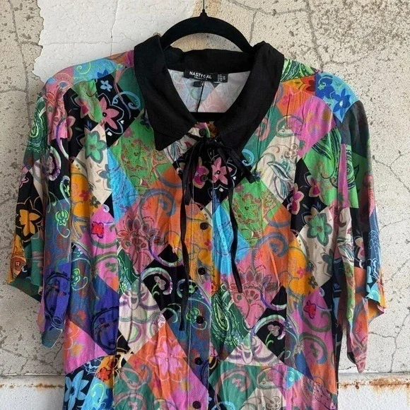 Patchwork Shirt Dress Nasty Gal Y2K Colorful Festival Party‎ Mini Womens 6 NWT - Picture 2 of 8